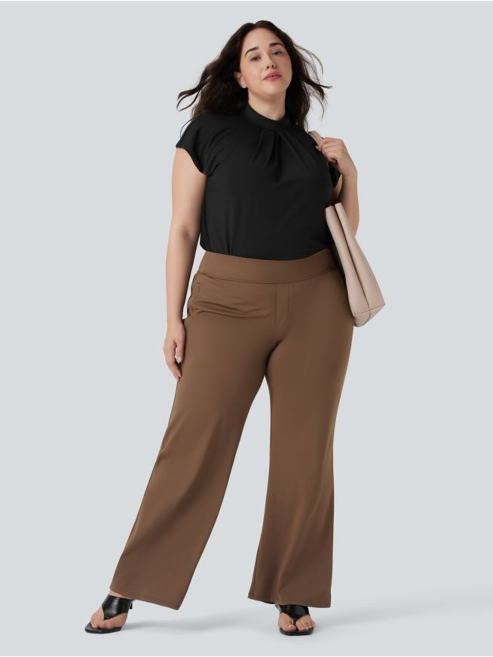 HALARA Black Top with Brown Wide-Leg Pants